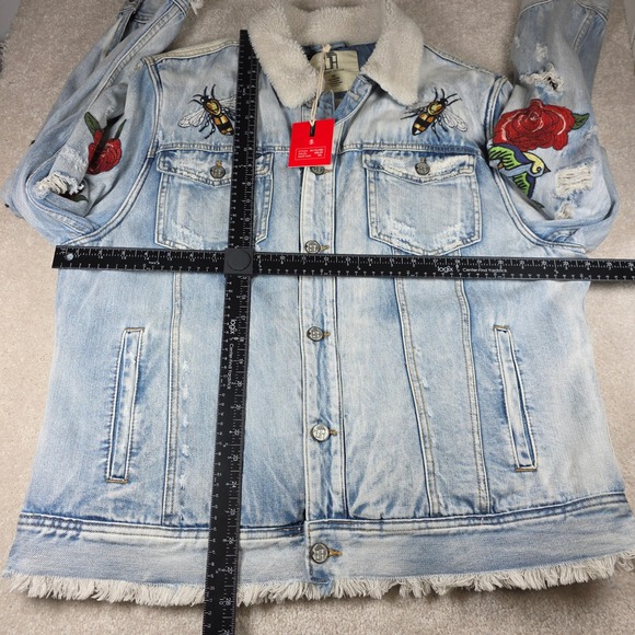 Denim Sherpa Jacket 2XL Tiger Embroidered Distressed Streetwear Legends Rose Bee - Picture 12 of 12